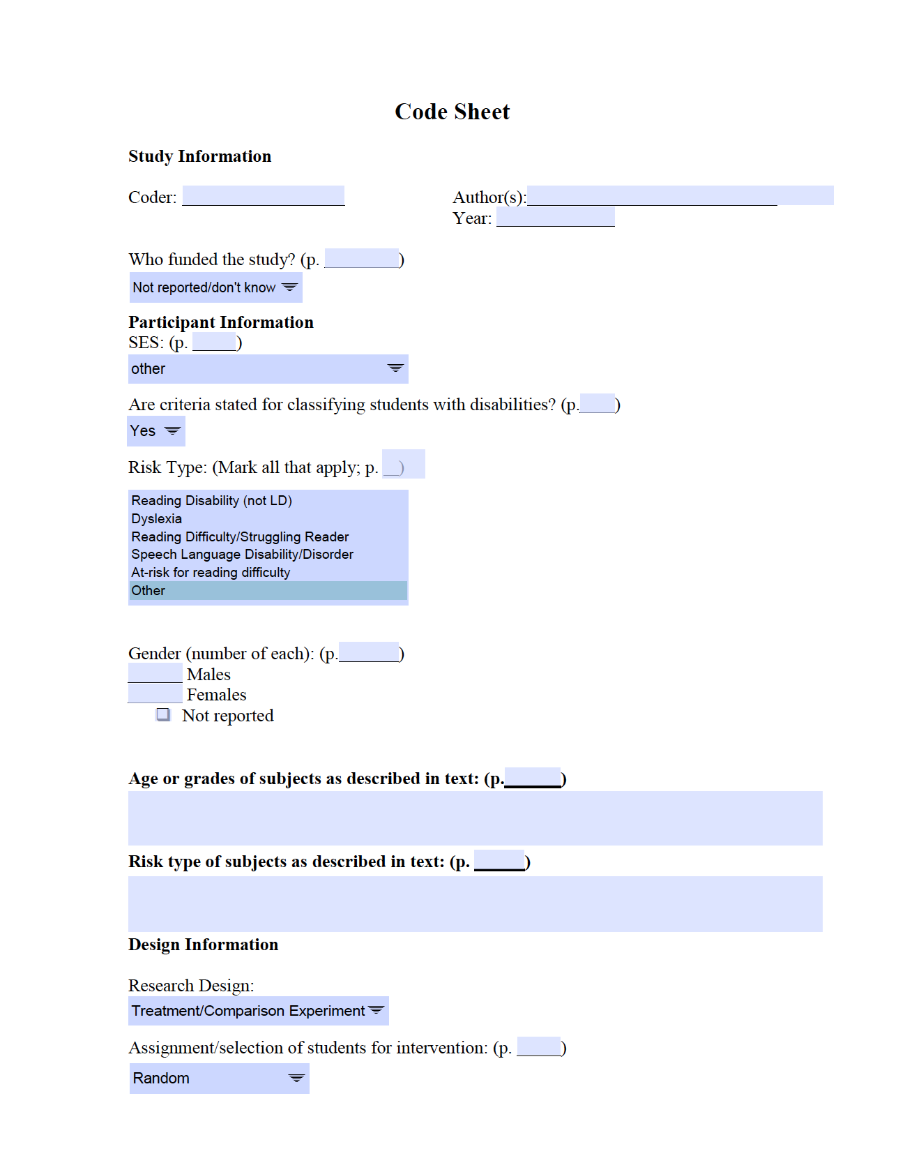 Code Sheet and Guide for Education-Related Intervention Study Syntheses ...